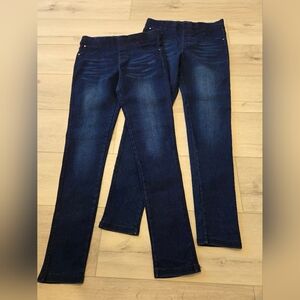 Both pairs, dark blue jeggings.